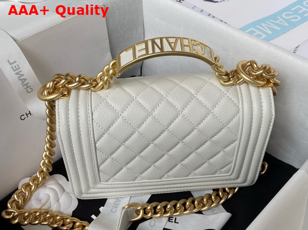 Chanel Small Boy Chanel Flap Bag with Handle White Grained Shiny Calfskin Gold Tone Metal A94805 Replica