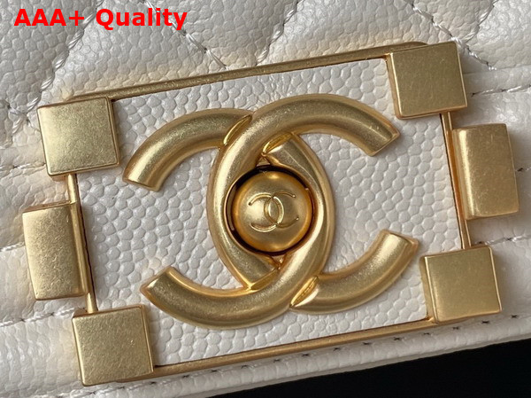 Chanel Small Boy Chanel Flap Bag with Handle White Grained Shiny Calfskin Gold Tone Metal A94805 Replica