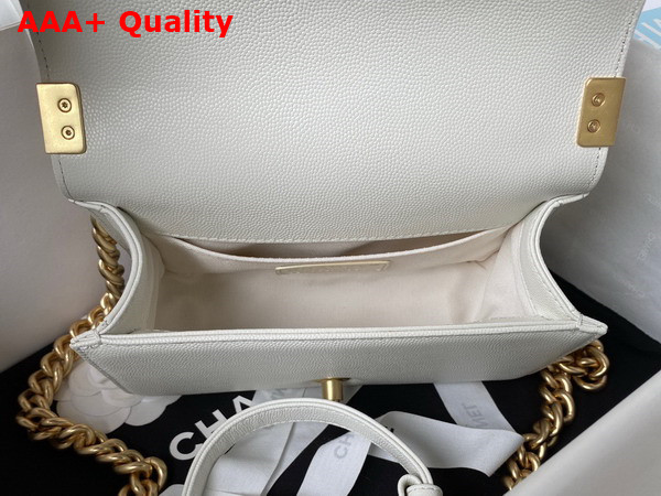 Chanel Small Boy Chanel Flap Bag with Handle White Grained Shiny Calfskin Gold Tone Metal A94805 Replica