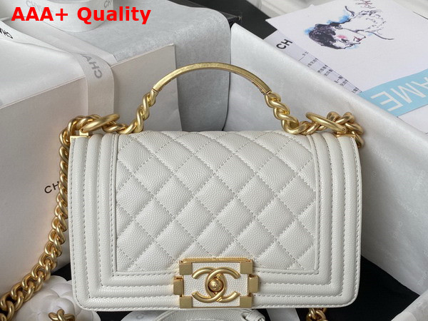 Chanel Small Boy Chanel Flap Bag with Handle White Grained Shiny Calfskin Gold Tone Metal A94805 Replica