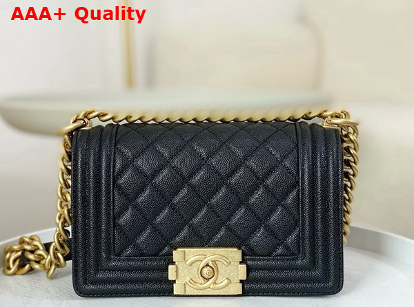 Chanel Small Boy Chanel Handbag Black Grained Calfskin Gold Tone Metal A67085 Replica