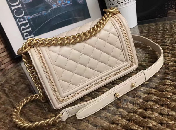 Chanel Small Boy Chanel Handbag Lambskin Gold Tone Metal Beige For Sale