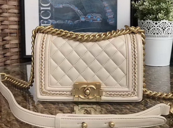 Chanel Small Boy Chanel Handbag Lambskin Gold Tone Metal Beige For Sale