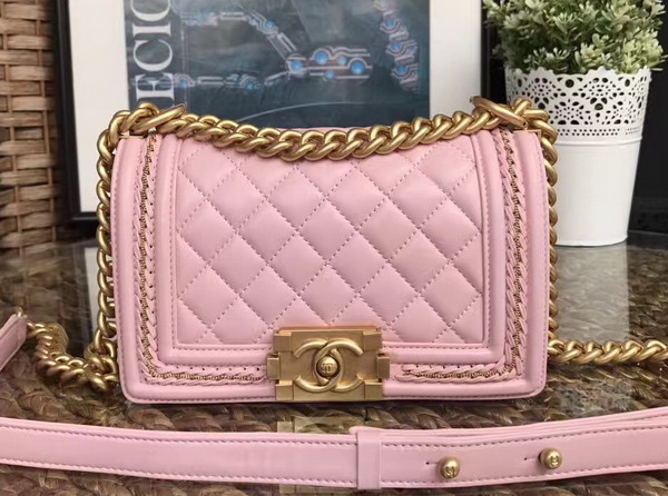 Chanel Small Boy Chanel Handbag Lambskin Gold Tone Metal Light Pink For Sale