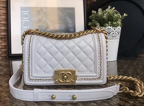 Chanel Small Boy Chanel Handbag Lambskin Gold Tone Metal White For Sale