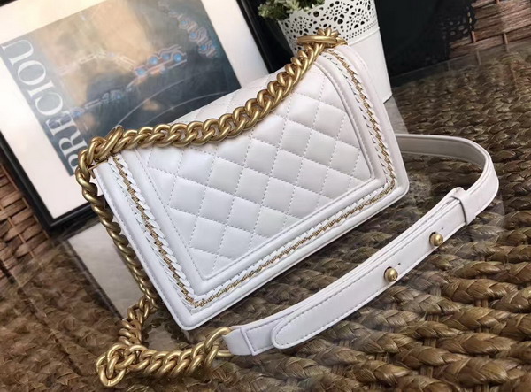 Chanel Small Boy Chanel Handbag Lambskin Gold Tone Metal White For Sale