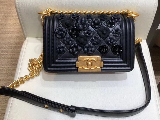 Chanel Small Boy Chanel Handbag in Black Embroidered Lambskin Gold Tone Metal A67085