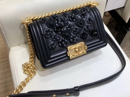 Chanel Small Boy Chanel Handbag in Black Embroidered Lambskin Gold Tone Metal A67085