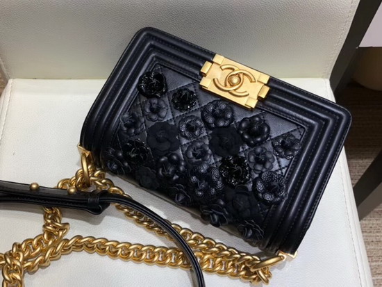 Chanel Small Boy Chanel Handbag in Black Embroidered Lambskin Gold Tone Metal A67085