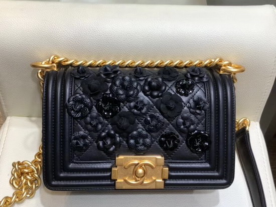 Chanel Small Boy Chanel Handbag in Black Embroidered Lambskin Gold Tone Metal A67085