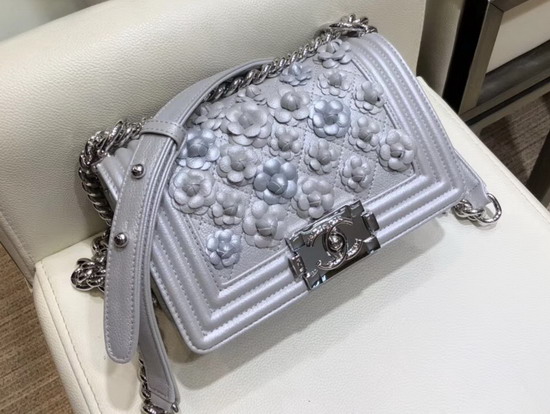 Chanel Small Boy Chanel Handbag in Silver Embroidered Metallic Grained Calfskin Silver Tone Metal A67085