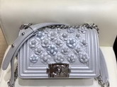 Chanel Small Boy Chanel Handbag in Silver Embroidered Metallic Grained Calfskin Silver Tone Metal A67085