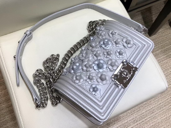 Chanel Small Boy Chanel Handbag in Silver Embroidered Metallic Grained Calfskin Silver Tone Metal A67085