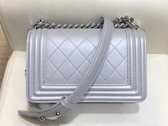 Chanel Small Boy Chanel Handbag in Silver Embroidered Metallic Grained Calfskin Silver Tone Metal A67085