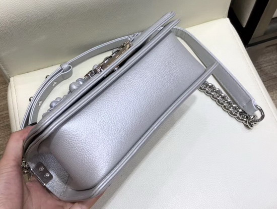 Chanel Small Boy Chanel Handbag in Silver Embroidered Metallic Grained Calfskin Silver Tone Metal A67085