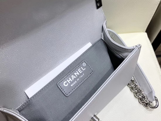 Chanel Small Boy Chanel Handbag in Silver Embroidered Metallic Grained Calfskin Silver Tone Metal A67085