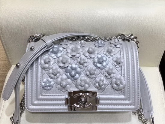 Chanel Small Boy Chanel Handbag in Silver Embroidered Metallic Grained Calfskin Silver Tone Metal A67085