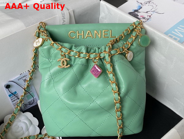 Chanel Small Bucket Bag in Light Green Lambskin Resin Gold Tone Metal AS3793 Replica