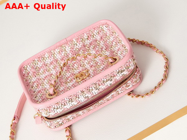 Chanel Small Camera Case Lambskin Viscose Weaving Gold Tone Metal Pink White and Gold AS3768 Replica