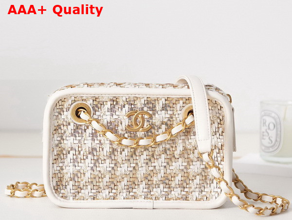 Chanel Small Camera Case Lambskin Viscose Weaving Gold Tone Metal White Gold and Beige AS3768 Replica