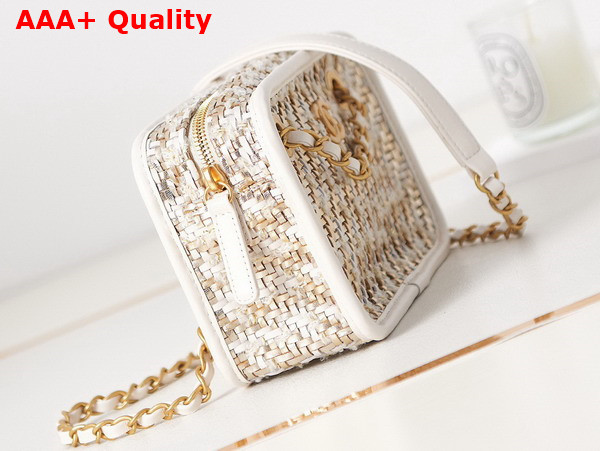 Chanel Small Camera Case Lambskin Viscose Weaving Gold Tone Metal White Gold and Beige AS3768 Replica