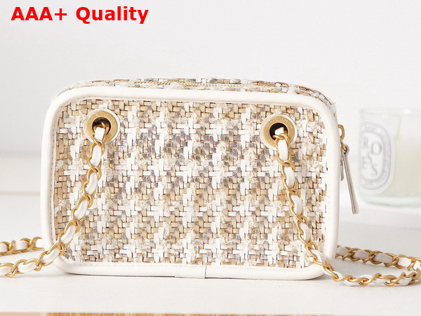 Chanel Small Camera Case Lambskin Viscose Weaving Gold Tone Metal White Gold and Beige AS3768 Replica