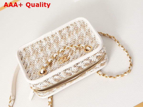 Chanel Small Camera Case Lambskin Viscose Weaving Gold Tone Metal White Gold and Beige AS3768 Replica