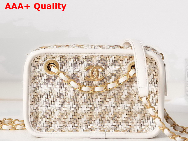 Chanel Small Camera Case Lambskin Viscose Weaving Gold Tone Metal White Gold and Beige AS3768 Replica