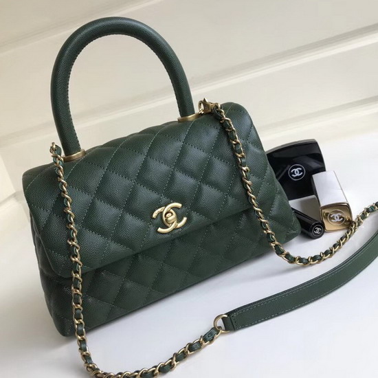 Chanel Small Coco Handle Bag Green Caviar Leather Gold Hardware