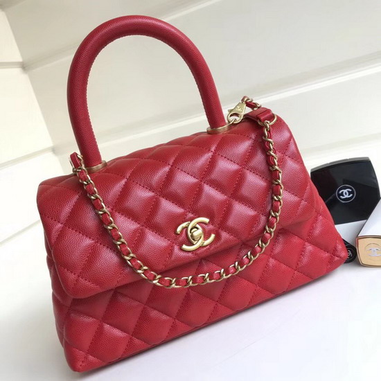 Chanel Small Coco Handle Bag Red Caviar Leather Gold Hardware