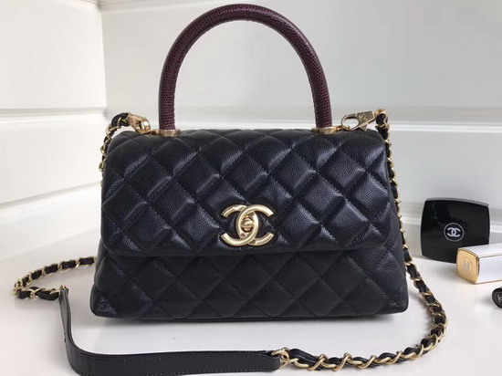 Chanel Small Coco Handle Bag with Lizard Handle Black Caviar Gold Hardware