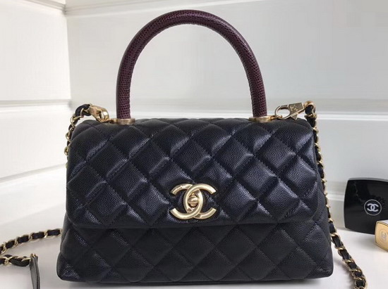 Chanel Small Coco Handle Bag with Lizard Handle Black Caviar Gold Hardware