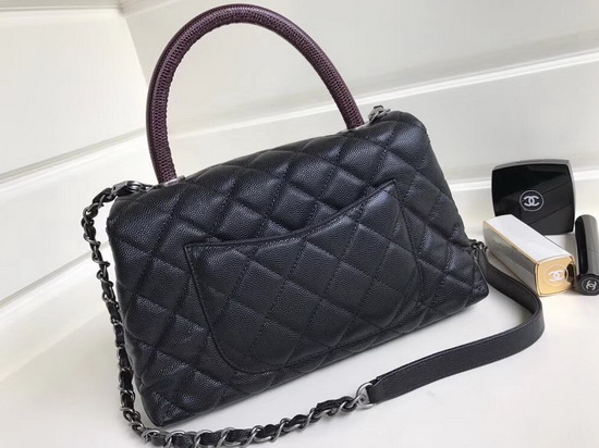 Chanel Small Coco Handle Bag with Lizard Handle Black Caviar Leather Silver Hardware