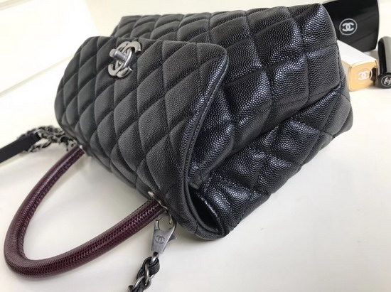 Chanel Small Coco Handle Bag with Lizard Handle Black Caviar Leather Silver Hardware