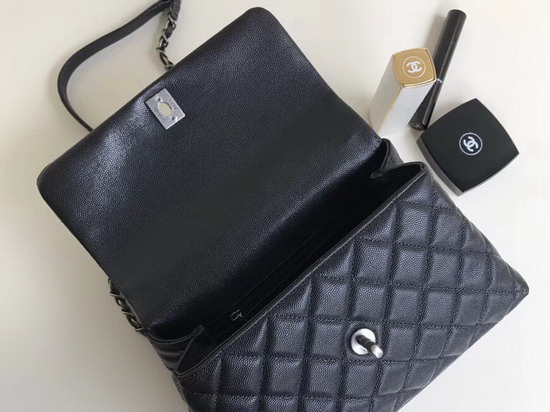 Chanel Small Coco Handle Bag with Lizard Handle Black Caviar Leather Silver Hardware