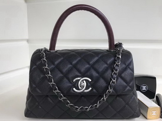 Chanel Small Coco Handle Bag with Lizard Handle Black Caviar Leather Silver Hardware