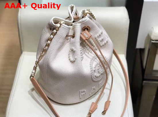 Chanel Small Drawstring Bag in Beige Canvas and Pearls Replica