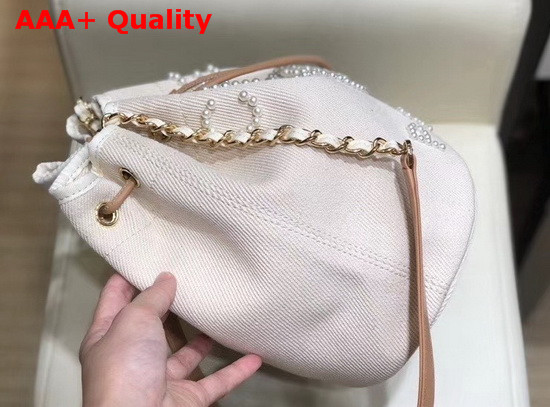 Chanel Small Drawstring Bag in Beige Canvas and Pearls Replica