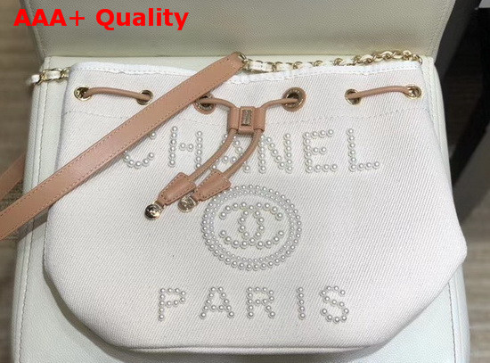 Chanel Small Drawstring Bag in Beige Canvas and Pearls Replica