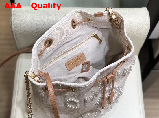 Chanel Small Drawstring Bag in Beige Canvas and Pearls Replica