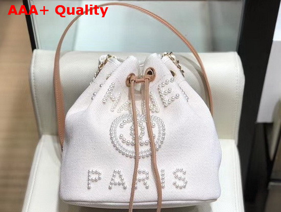 Chanel Small Drawstring Bag in Beige Canvas and Pearls Replica