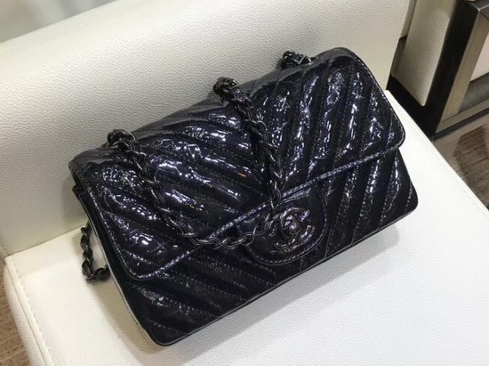 Chanel Small Flap Bag Black Patent Leather Chevron Detail