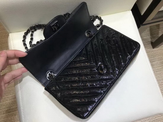 Chanel Small Flap Bag Black Patent Leather Chevron Detail