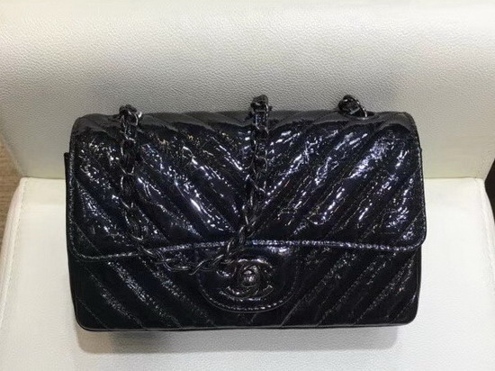 Chanel Small Flap Bag Black Patent Leather Chevron Detail