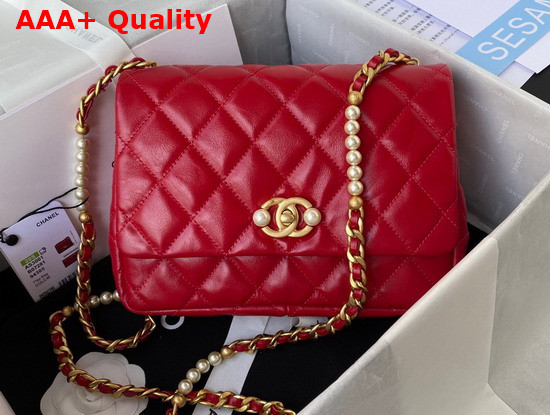 Chanel Small Flap Bag Calfskin Imitation Pearls Gold Tone Metal Red Ref AS3001 Replica