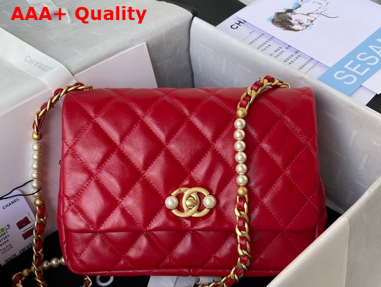 Chanel Small Flap Bag Calfskin Imitation Pearls Gold Tone Metal Red Ref AS3001 Replica