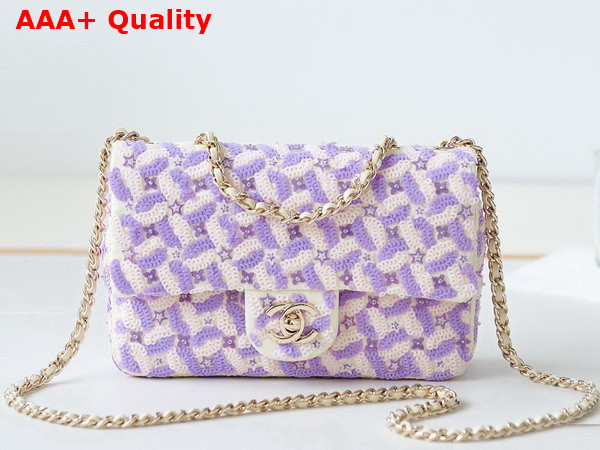 Chanel Small Flap Bag Embroidered Satin Eequins Glass Beads Strass Star Sequins Gold Tone Metal Purple and White Replica