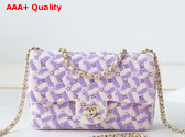 Chanel Small Flap Bag Embroidered Satin Eequins Glass Beads Strass Star Sequins Gold Tone Metal Purple and White Replica