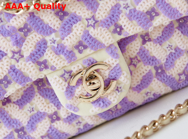 Chanel Small Flap Bag Embroidered Satin Eequins Glass Beads Strass Star Sequins Gold Tone Metal Purple and White Replica