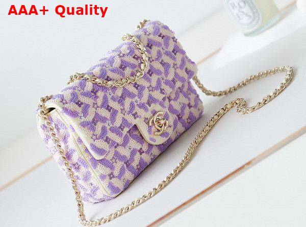 Chanel Small Flap Bag Embroidered Satin Eequins Glass Beads Strass Star Sequins Gold Tone Metal Purple and White Replica